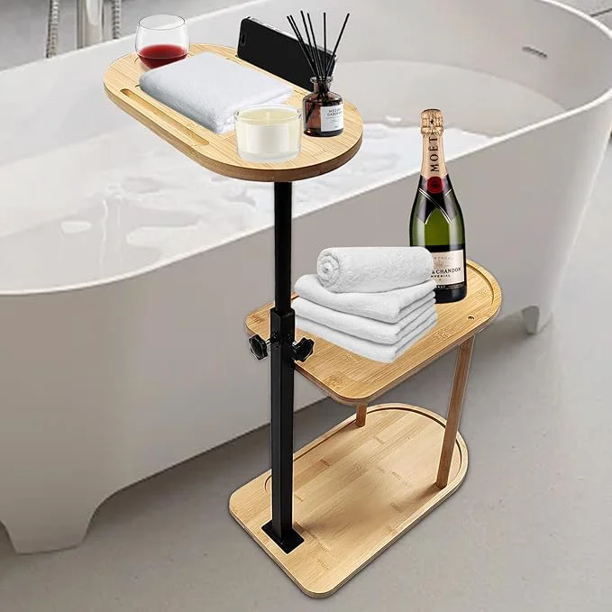 Exclusive 3 Layer Bath Tub Tray Table Liftable standing Bamboo Bath Tray Caddy Soft