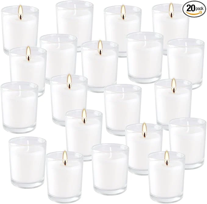 Original Design 20 Pack Unscented White Clear Glass Filled Votive Candles Soy Wax Hand Convenient