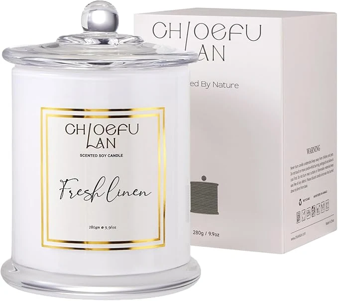 Enhanced Chloefu LAN White Linen Candles Luxury Scented Soy Jar Bathroom Candle Recyclable