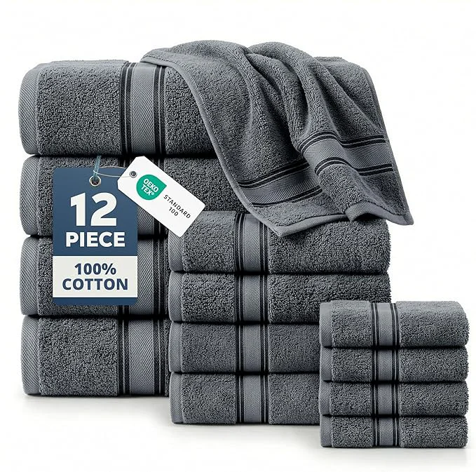 Casual LANE LINEN Towel and Washcloths Set of 12 – Cotton Zero Twist 4 Large Outstanding