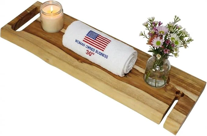 Carefully Designed EcoDecors Eleganto 30 Live Edge Solid Teak Bath Caddy Tray Contemporary
