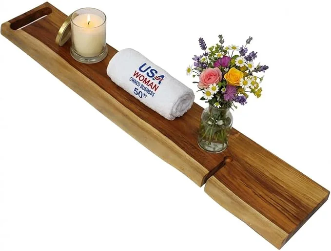 Dependable EcoDecors Eleganto 50 Live Edge Solid Teak Bath Caddy Tray Eco-Friendly