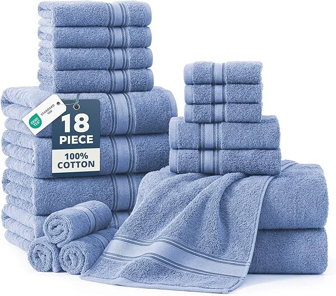Premium Material LANE LINEN Bathroom Towels Set of 18 – Zero Twist Mercerized Cotton Towel Responsible
