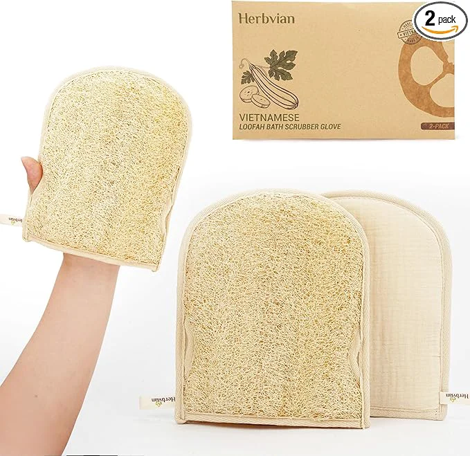 Flexible Premium Vietnamese Natural Loofah Gloves – Exfoliating Body Scrubber Mitts Detailed