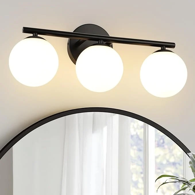 Sophisticated Black Globe Bathroom Light Fixtures 3-Light Vanity Light Exceptional