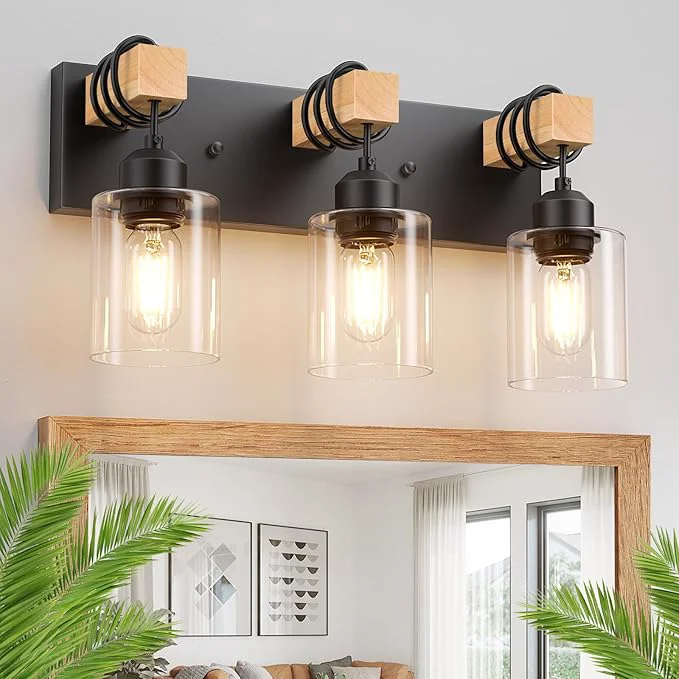 Elegant Licperron Farmhouse 3-Lights Wood Bathroom Vanity Light Rustic Black Bathroom Crafted