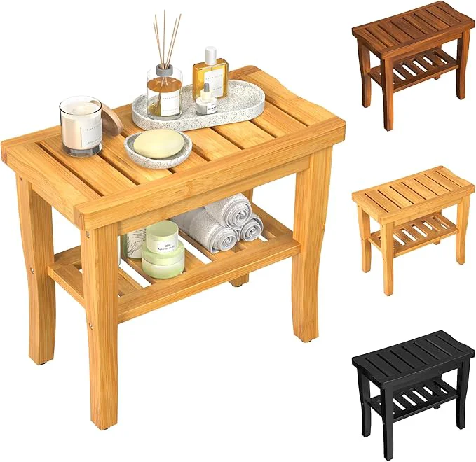 Natural Bamboo Shower Bench Stool with Storage Shelf Waterproof Shower Chair Spa Bath Sustainable