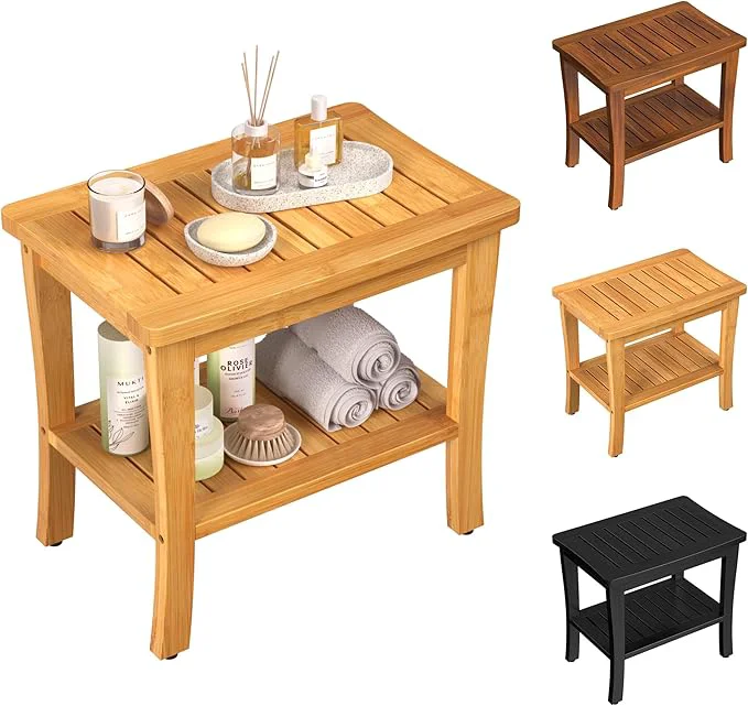 Fine Crafted Large Bamboo Shower Bench Stool Durable