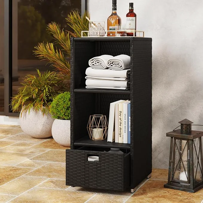 Solid Rattan Outdoor Pool Towel Rack Cabinet Wicker Pool Storage Bins Storage Original