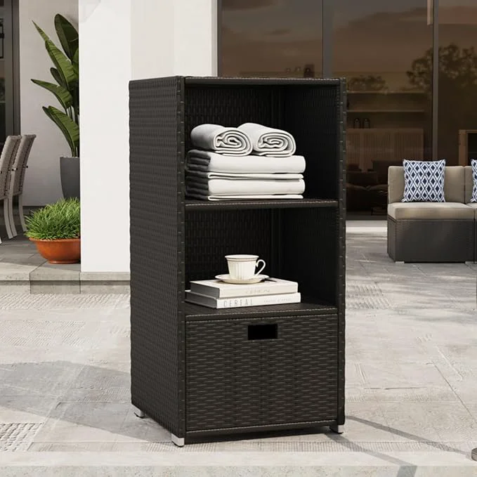 Genuine Outdoor Pool Towel Rack Cabinet Rattan Wicker Pool Storage Bins Storage Elegant