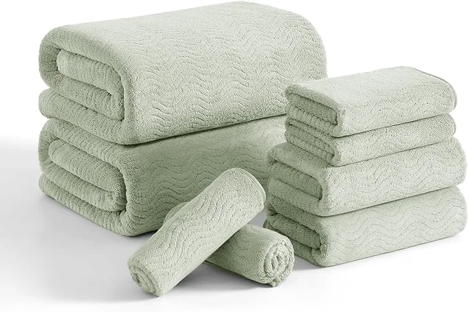 Secure 8 Piece Bath Towel Set Green 2 Oversized Large Bath Sheet 2 Hand Towels Safe