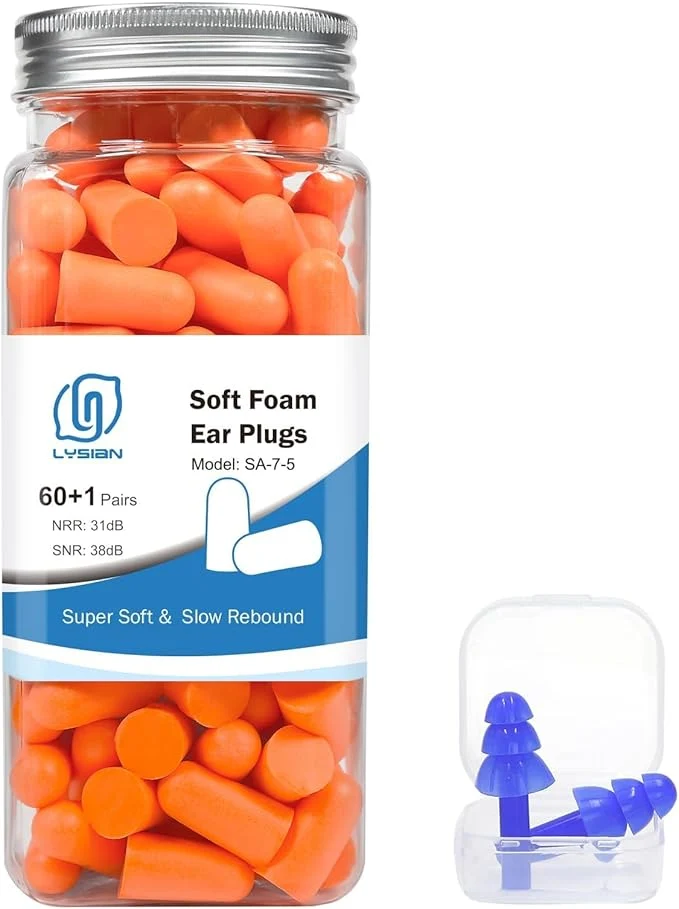 Long-Lasting LYSIAN Soft Foam Earplugs 38dB SNR 60 Pairs Disposable Noise Cancelling Ear Organic