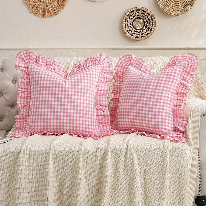 Safe 2 Pack Pink White Plaid Ruffled Checkered Throw Pillow Cover 20 x20 inches Advanced