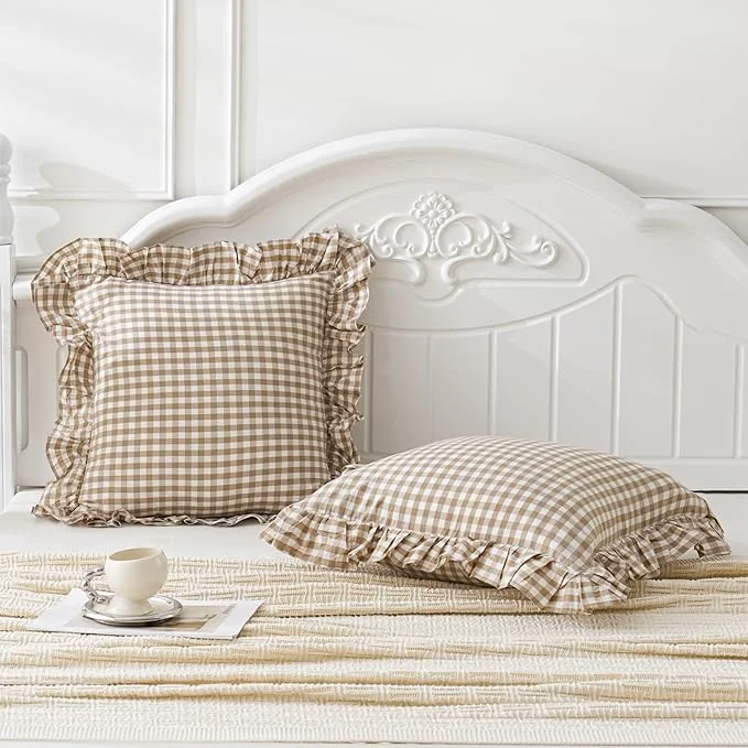 Contemporary Taupe White Plaid Euro Pillow Shams Ruffle Pillowcases Set of 2 Shabby Green