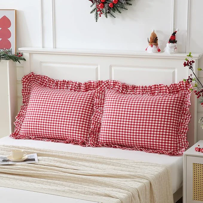 Responsible 2 Pack Red White Gingham Pillowcase 20x26 inches Washed Cotton Ruffled High-Grade
