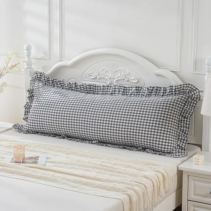 Sustainable Grey White Plaid Ruffled Checkered Body Pillow Sham 20x54 inches 1 Piece Original