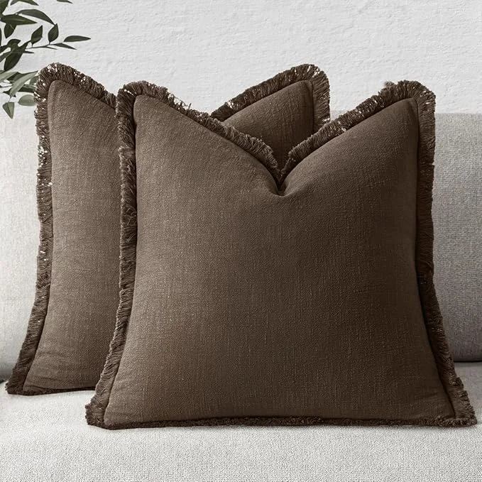 Organic MIULEE Decorative Throw Pillow Covers Neutral Linen Fringe Throw Pillows Set of High-Quality