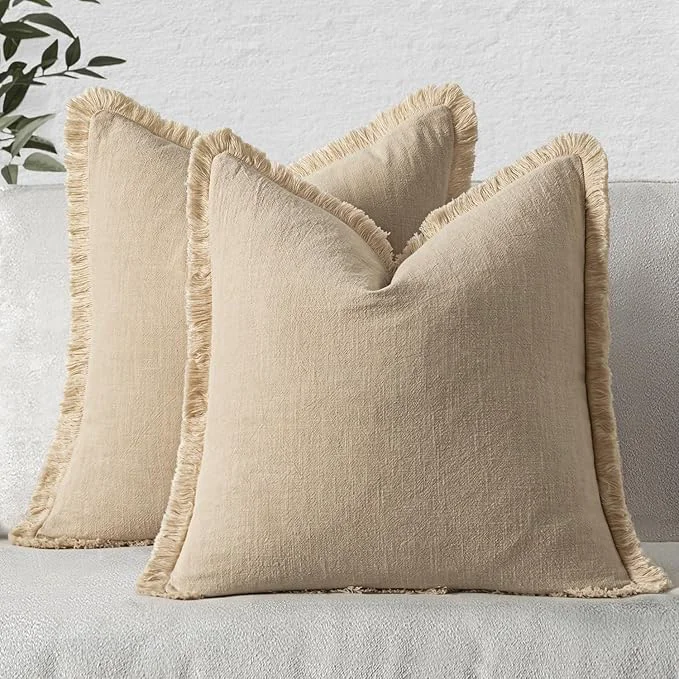 Advanced MIULEE Decorative Throw Pillow Covers Neutral Linen Fringe Throw Pillows Set of High-Quality