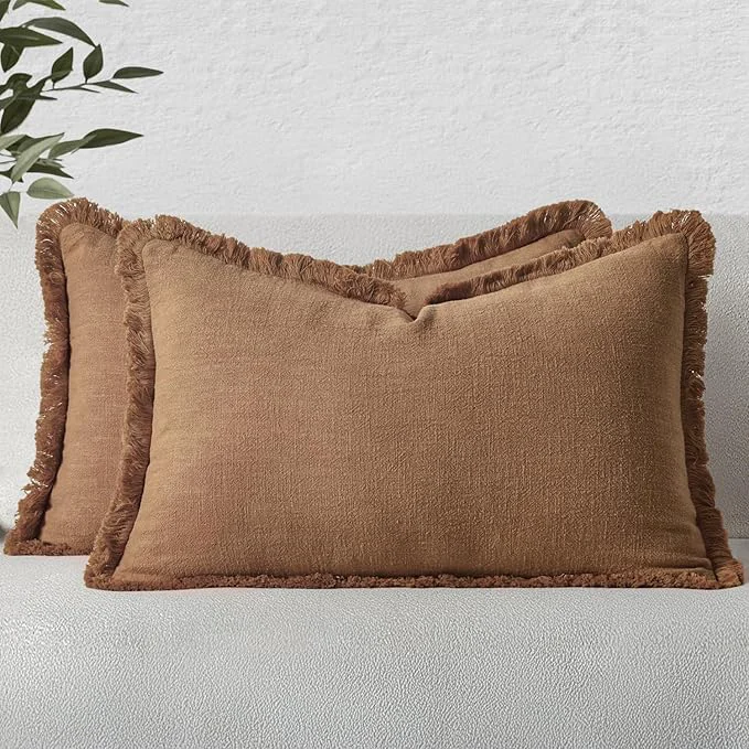 Premium Material MIULEE Decorative Lumbar Throw Pillow Covers Neutral Linen Fringe Throw Pillows Healthy