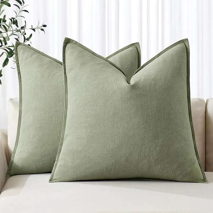 Official MIULEE Decorative Linen Euro Sham Pillow Covers 24x24 Sage Green Boho Recyclable