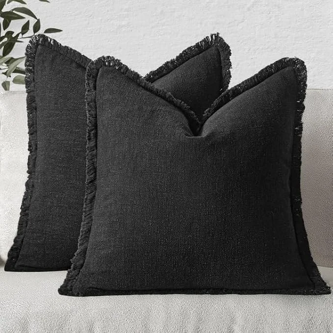 Contemporary MIULEE Decorative Throw Pillow Covers Neutral Linen Fringe Throw Pillows Set of Eco-Friendly