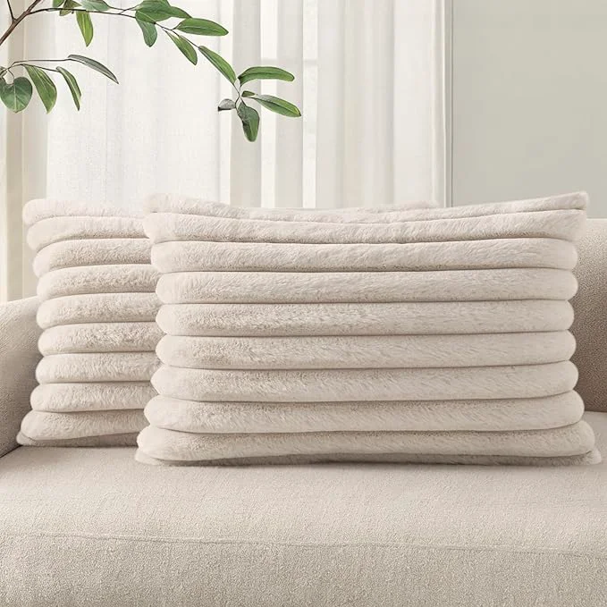 Optimized Pallene Faux Fur Plush Lumbar Throw Pillow Covers 12x20 Set of 2 Luxury Soft Sophisticated