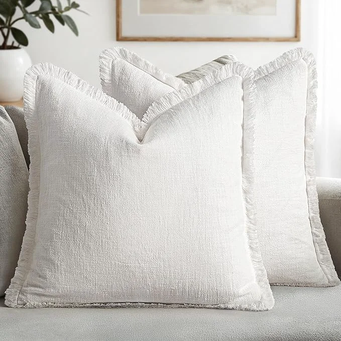 Superior MIULEE Decorative Throw Pillow Covers Neutral Linen Fringe Throw Pillows Set of Sustainable