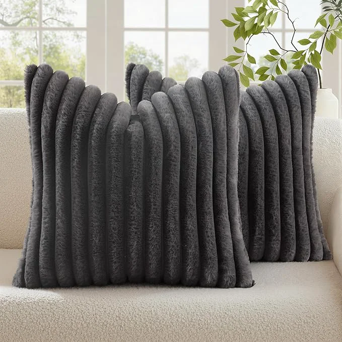 Professional decorUhome Cozy Faux Fur Throw Pillow Covers 18x18 Set of 2 Decorative Soft Fine
