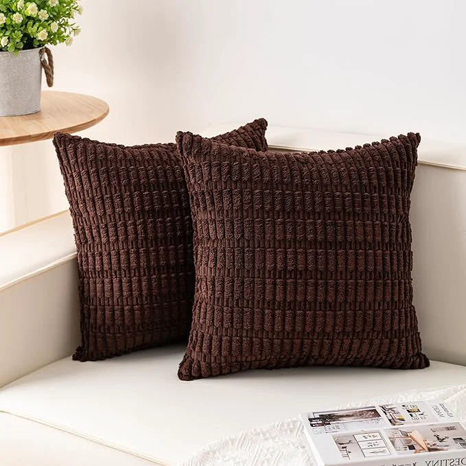 Fine Crafted Aegero Pack of 2 Corduroy Decorative Throw Pillow Covers 24x24 InchSoft Striped Trendy