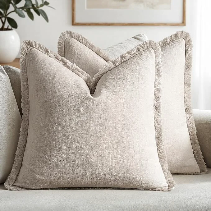 Elegant MIULEE Decorative Throw Pillow Covers Neutral Linen Fringe Throw Pillows Set of Recyclable