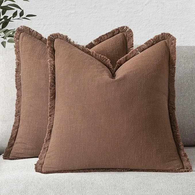 Expertly Made MIULEE Decorative Throw Pillow Covers Neutral Linen Fringe Throw Pillows Euro Solid