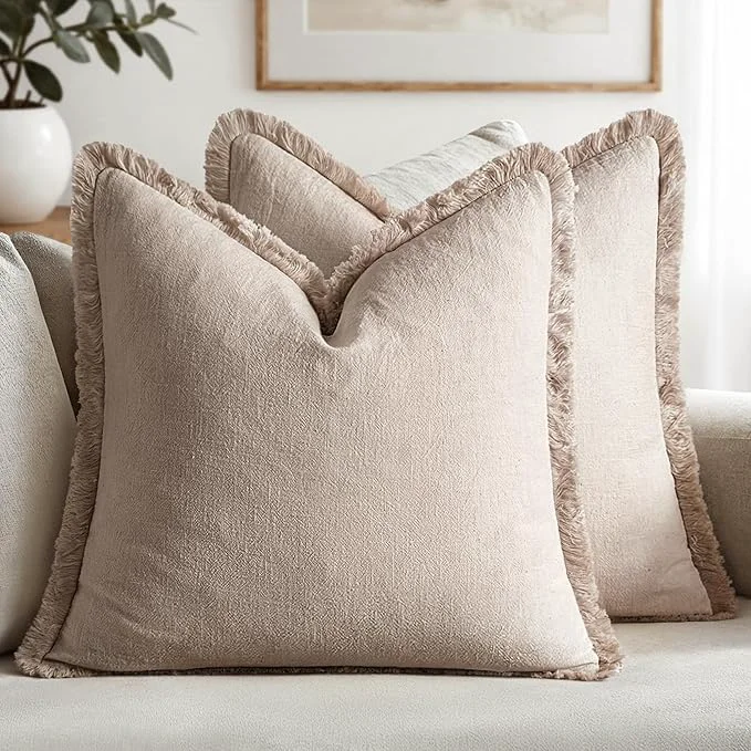 Long-Lasting MIULEE Decorative Throw Pillow Covers Neutral Linen Fringe Throw Pillows Set of Soft