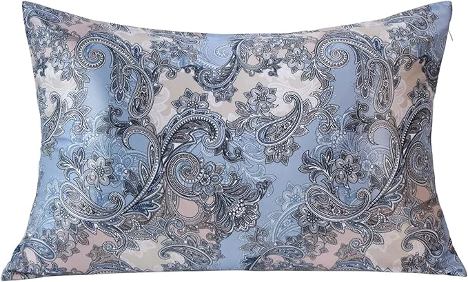 Elegant MANSPHIL Blue Grey Paisley Silk Pillowcase Floral Queen Size Vintage Fast