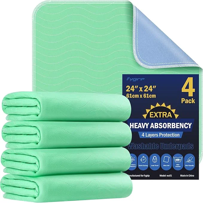 Excellent 4 Pack 24 x 24 Extra Heavy Absorbency Washable Underpads Waterproof Nursing Long-Lasting