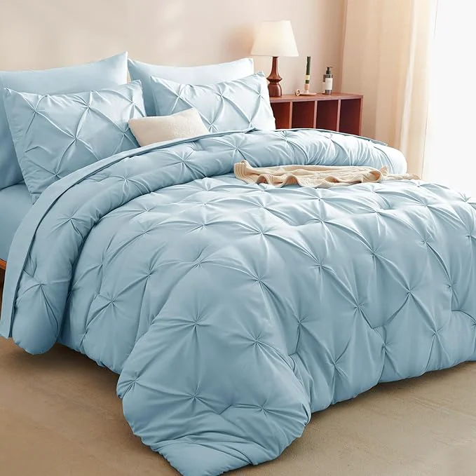Verified CozyLux Full Size Comforter Sets Light Blue 7 Pieces Pintuck Bed in A Bag Blue Powerful