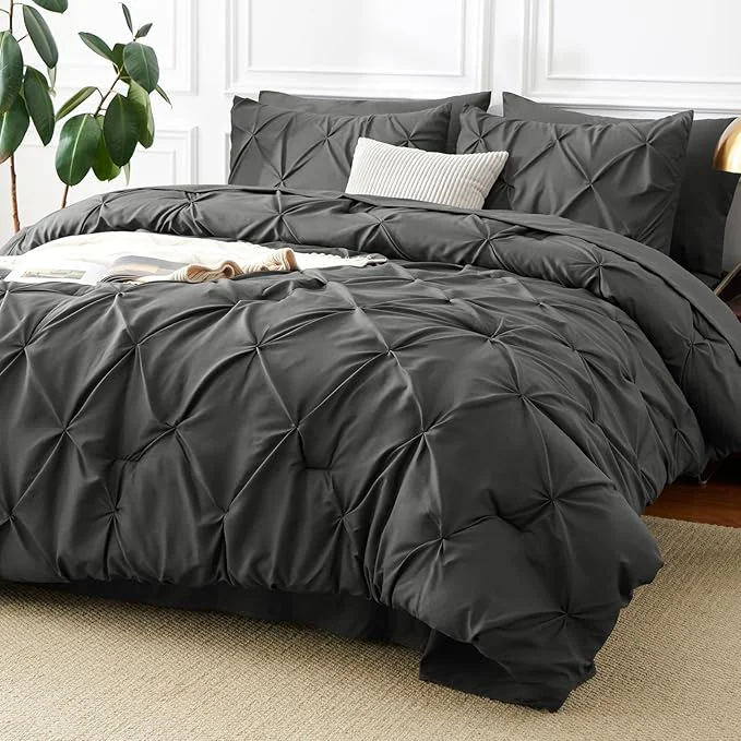 Environmentally Friendly CozyLux Queen Comforter Set Dark Grey 7 Pieces Pintuck Bed in A Bag Premium Green