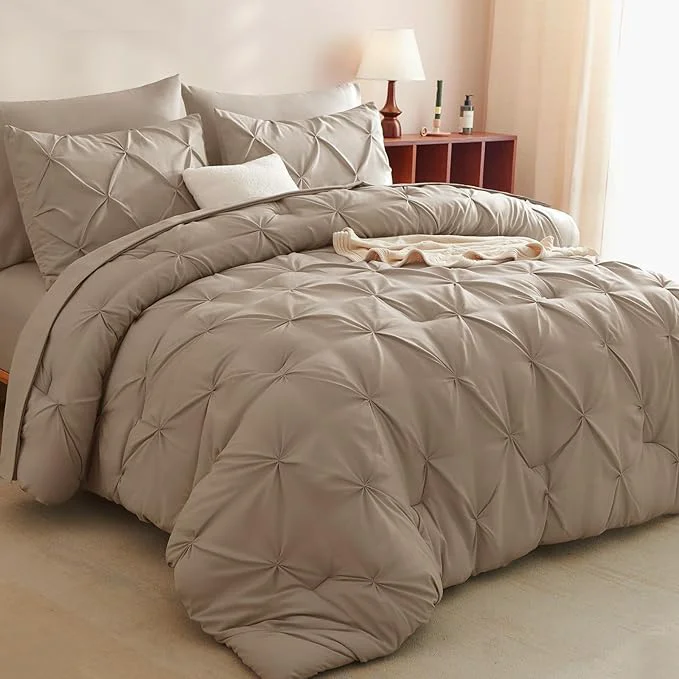 Eco-Friendly CozyLux Full Size Comforter Sets Khaki 7 Pieces Pintuck Bed in A Bag Khaki Fine