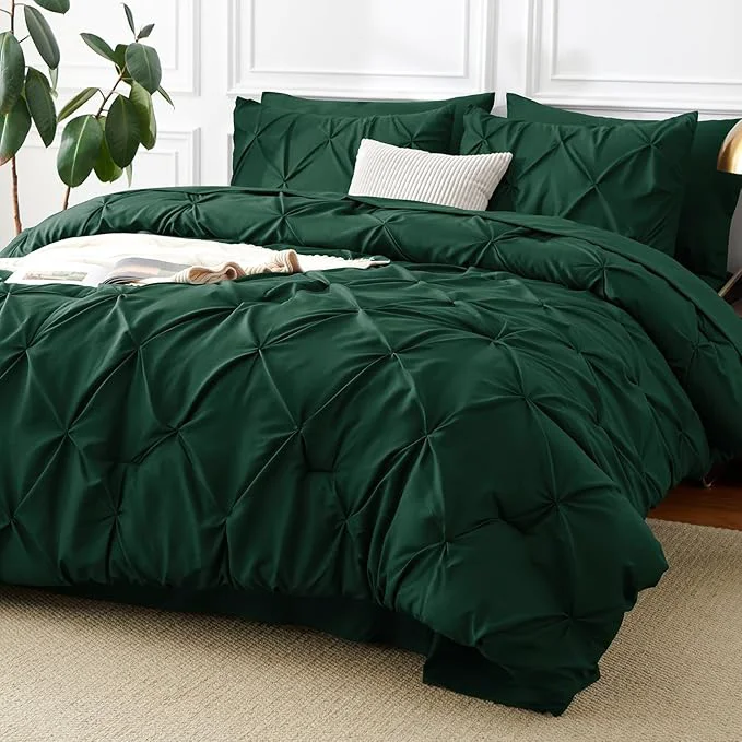 Clean CozyLux King Size Comforter Set Emerald Green 7 Pieces Pintuck Bed in A Bag High-End