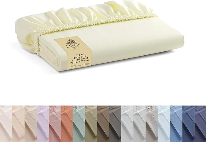 Smooth Linen Home Cotton Percale Weave Fitted Sheet Twin Size 1 Deep Pocket Natural