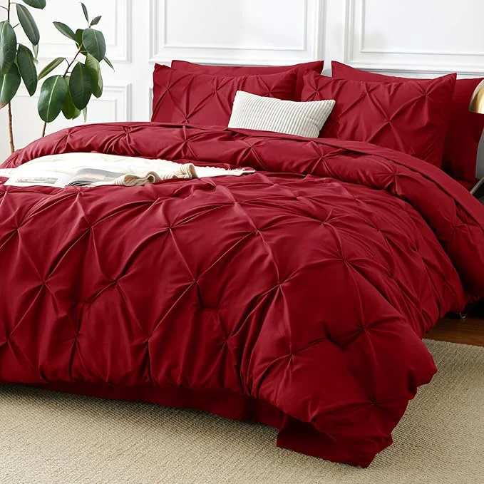 Enhanced CozyLux Queen Comforter Set Dark Red 7 Pieces Pintuck Bed in A Bag Premium Clean