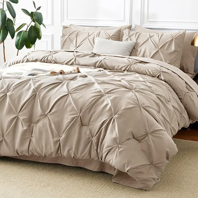 Artisan CozyLux King Size Comforter Set Wheat 7 Pieces Pintuck Bed in A Bag Wheat Green