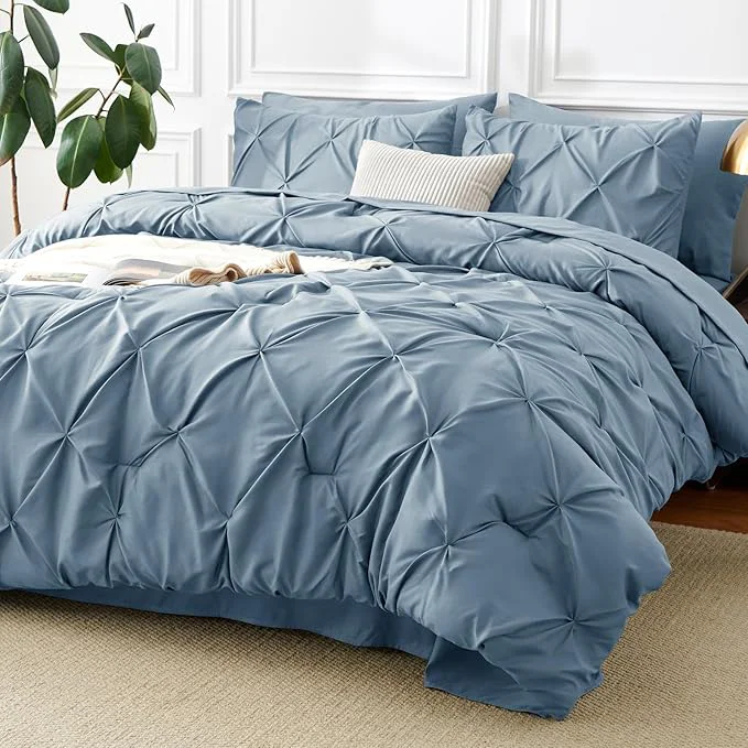 Comfortable CozyLux Full Size Comforter Sets Mineral Blue 7 Pieces Pintuck Bed in A Bag Outstanding