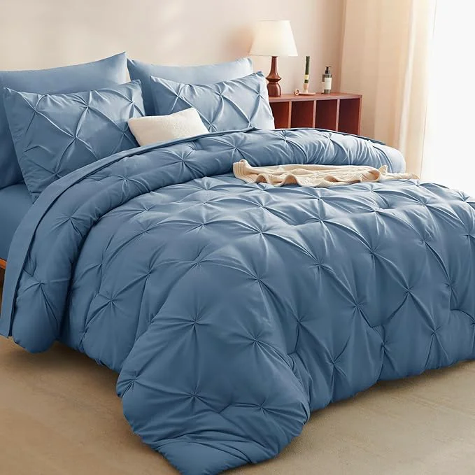 Trendy CozyLux Queen Comforter Set Grayish Blue 7 Pieces Pintuck Bed in A Bag Proven