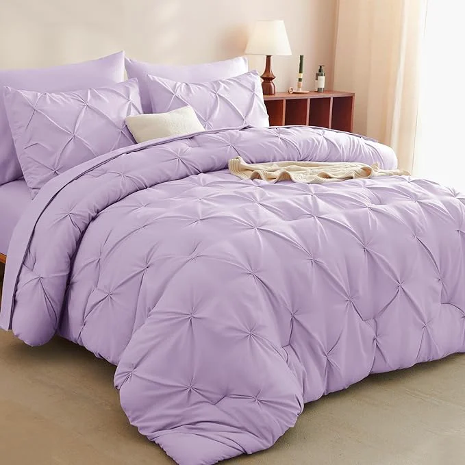 Efficient CozyLux Queen Comforter Set Lavender 7 Pieces Pintuck Bed in A Bag Premium Safe