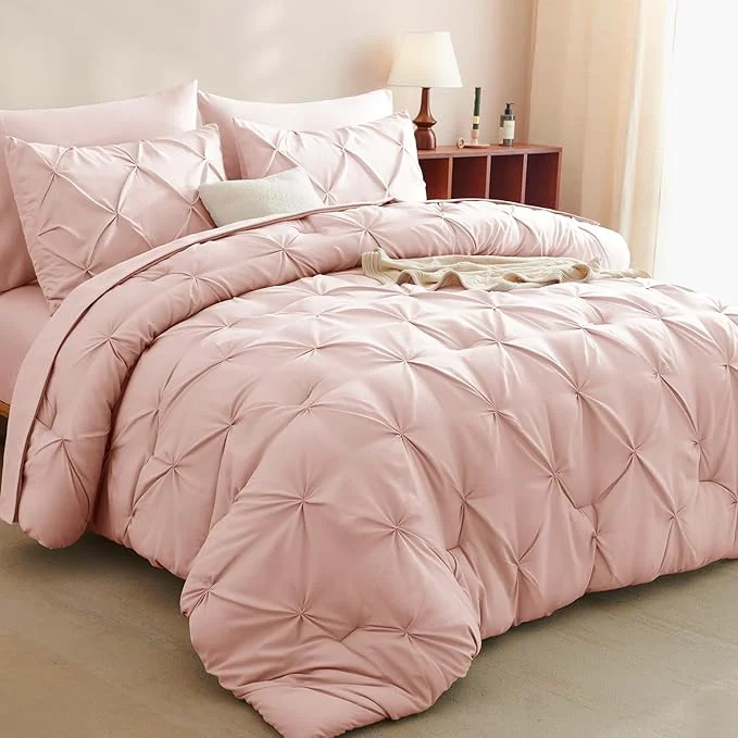 Contemporary CozyLux Queen Comforter Set Blush Pink 7 Pieces Pintuck Bed in A Bag Premium Sophisticated
