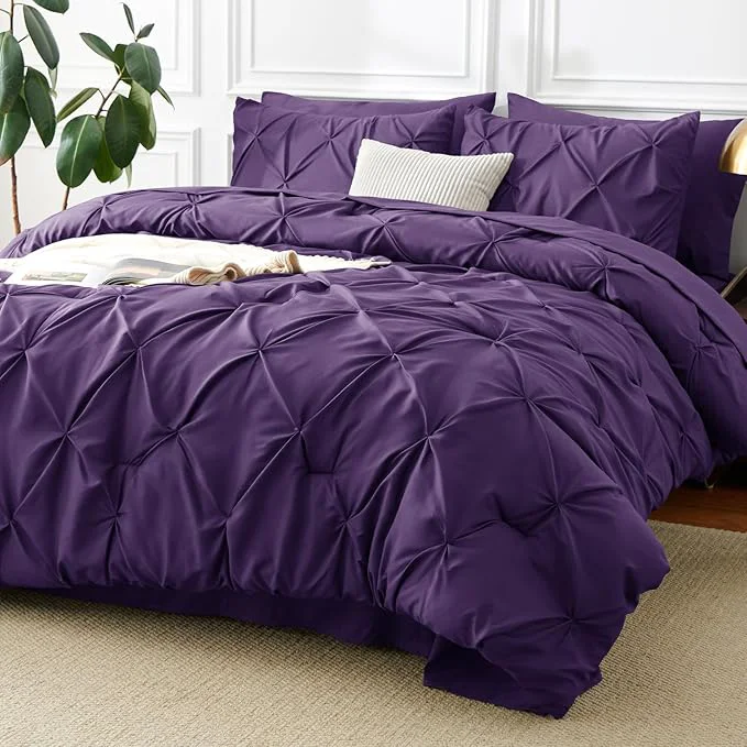Classic CozyLux Full Size Comforter Sets Purple 7 Pieces Pintuck Bed in A Bag Purple Contemporary
