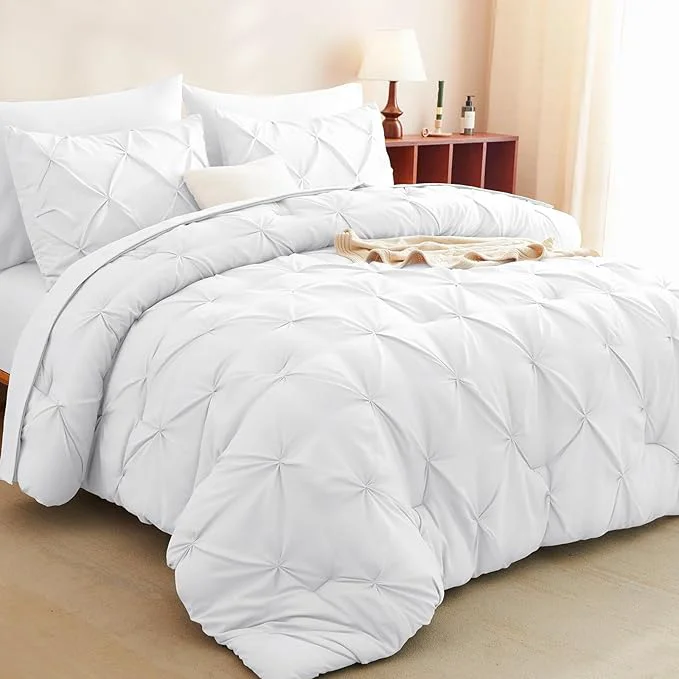 Authentic CozyLux King Size Comforter Set White 7 Pieces Pintuck Bed in A Bag White Detailed