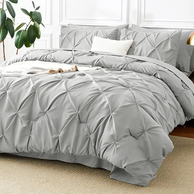 Fine Crafted CozyLux King Size Comforter Set Light Grey 7 Pieces Pintuck Bed in A Bag Gray Selected
