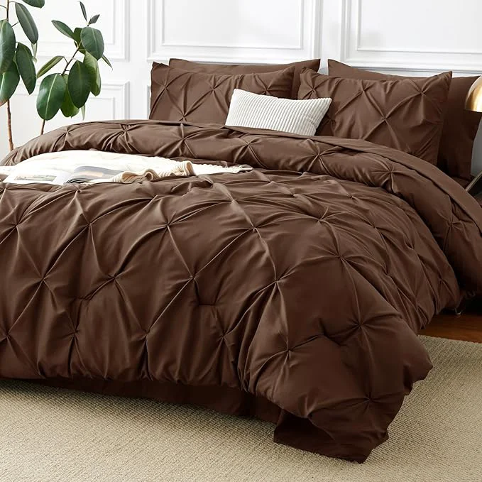 Long-Lasting CozyLux Queen Comforter Set Brown 7 Pieces Pintuck Bed in A Bag Premium Brown Original Design