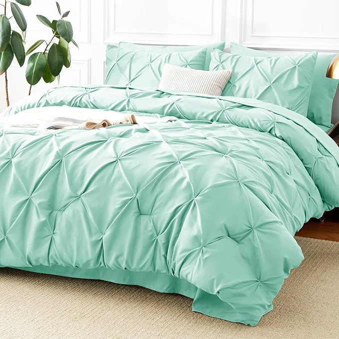 Relaxed CozyLux King Size Comforter Set Mint Green 7 Pieces Pintuck Bed in A Bag Green Exceptional